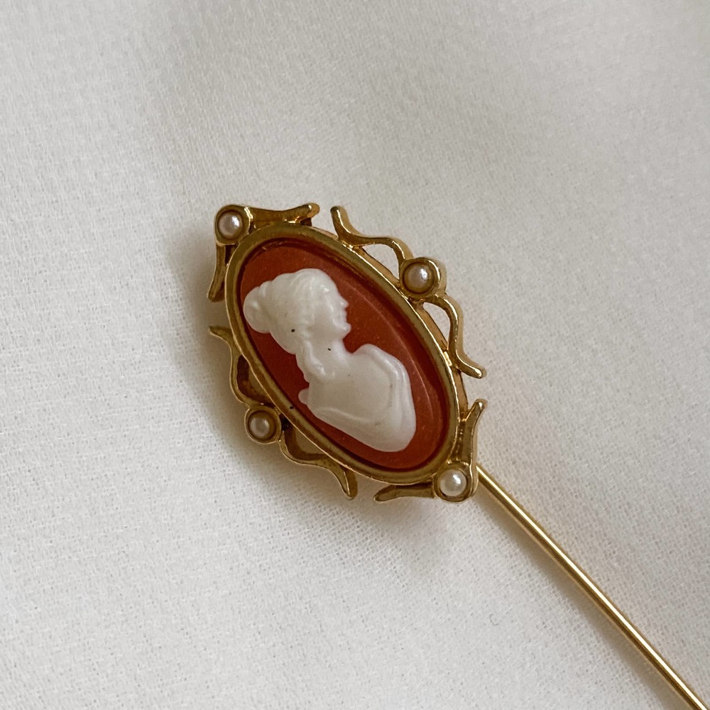 Vtg Coral Peach Cameo Hat Pin Brooch - image 2